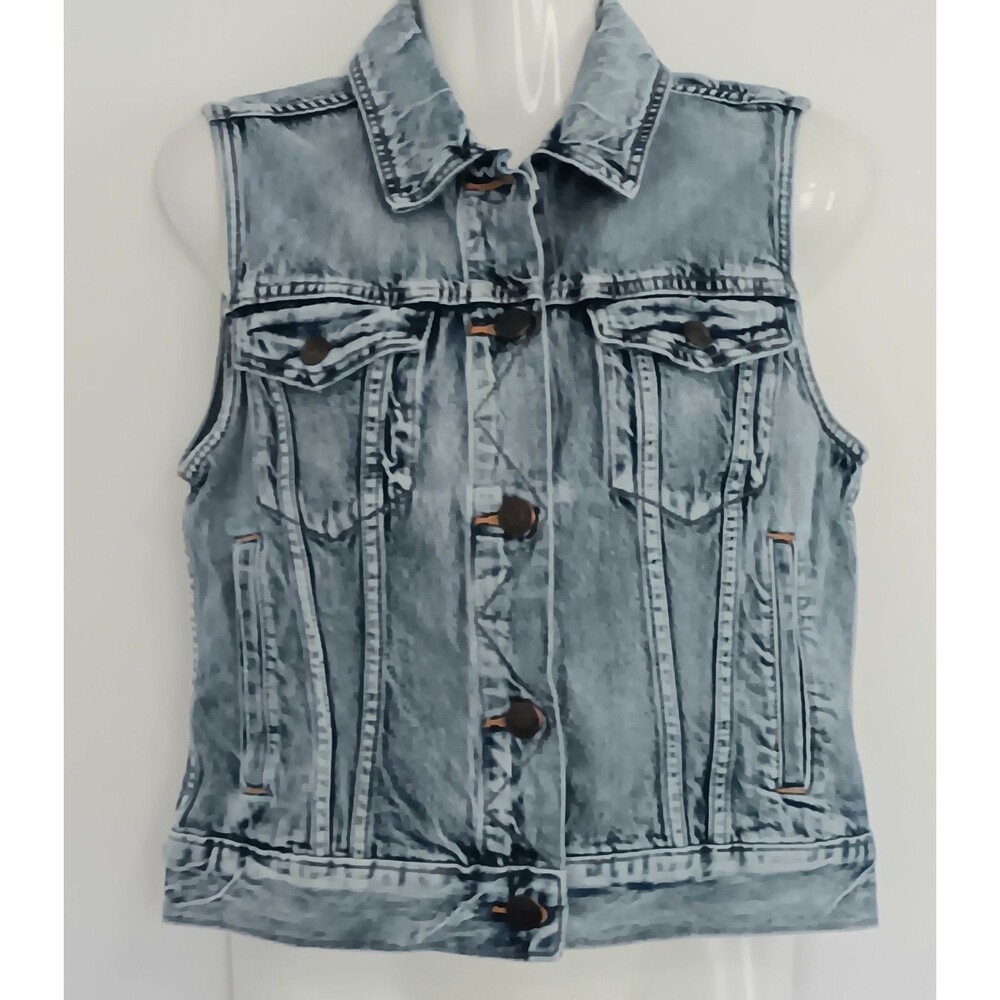 Y2K J Crew Indigo Denim Vest Women Sz Small Distressed Whiskered Boho Jacket